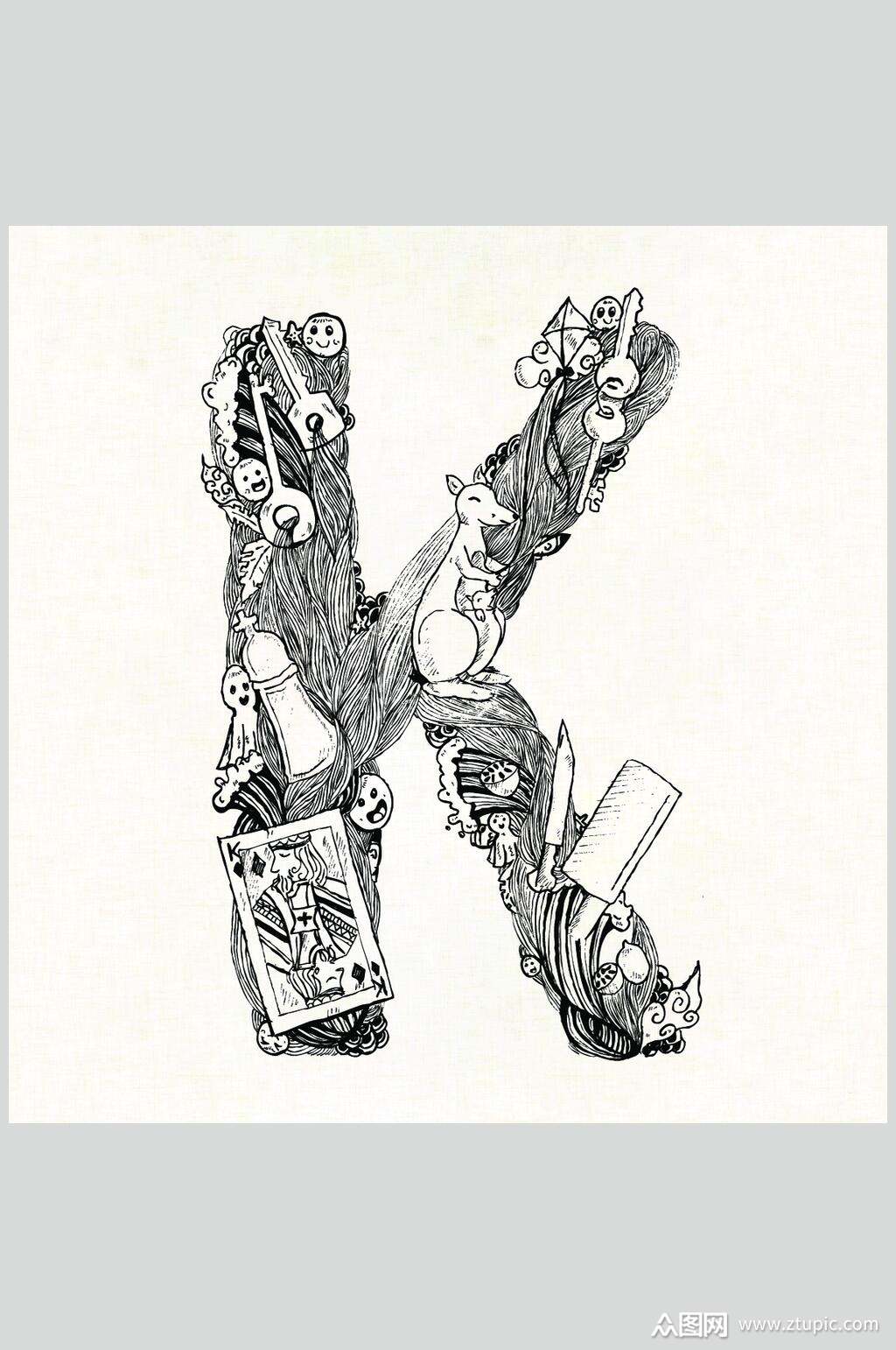 卡片黑黄字母线稿手绘素描矢量素材素材