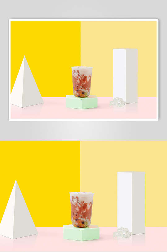 黄色背景几何奶茶芋圆甜品摄影图