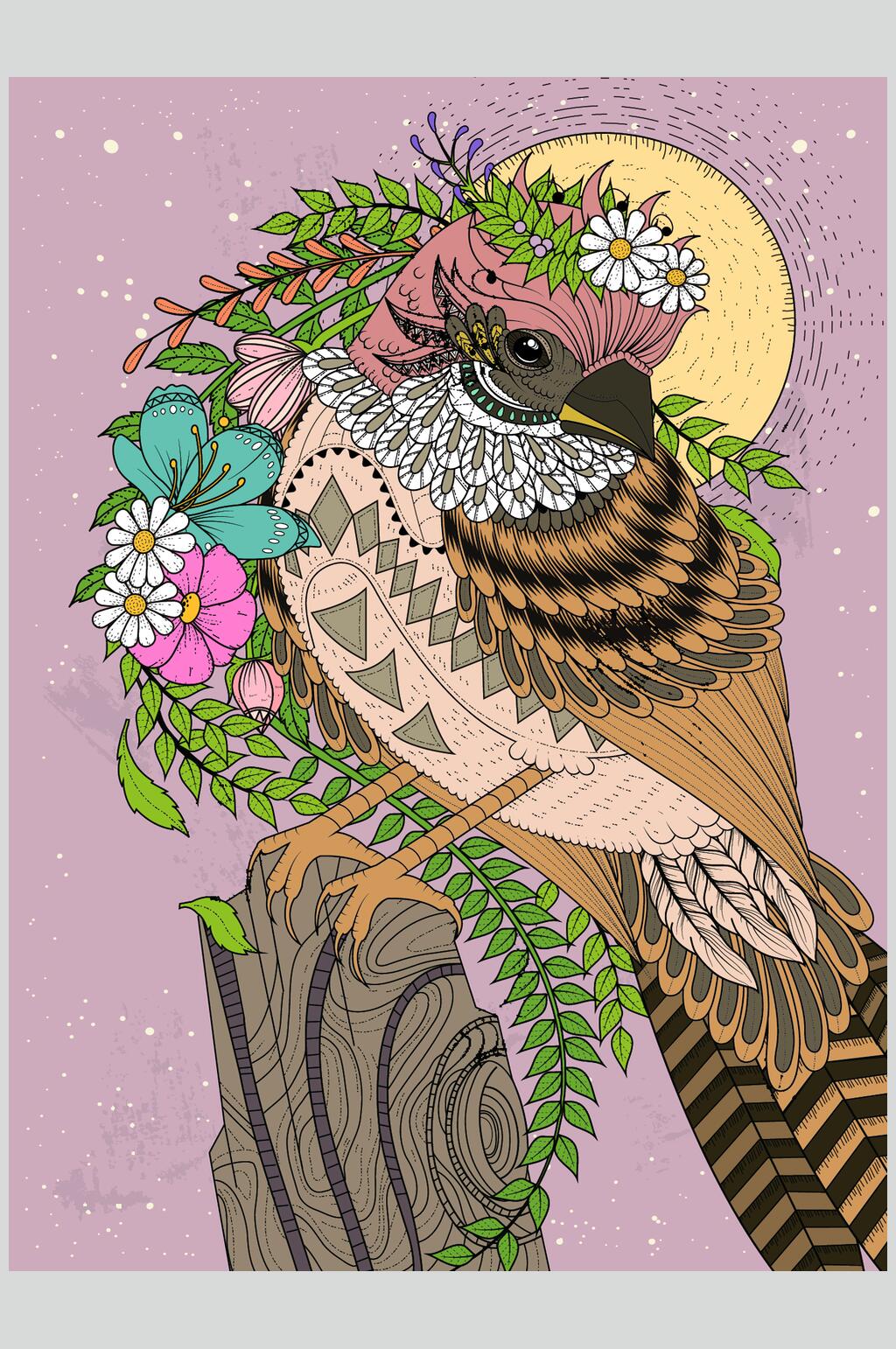 小鸟花朵粉色树枝温馨插画矢量素材素材