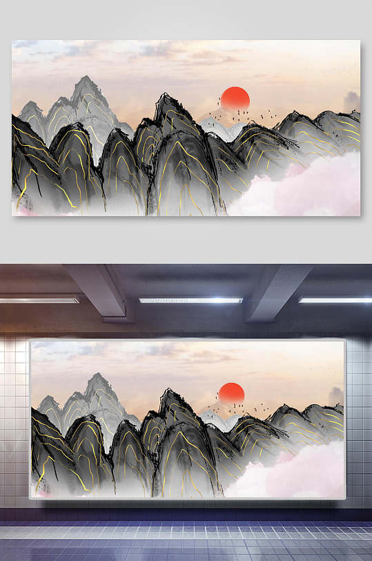 山峰红黑云朵简约清新水墨风背景