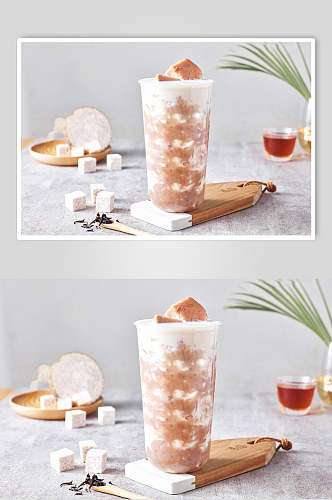 褐色奶块奶茶芋圆甜品摄影图