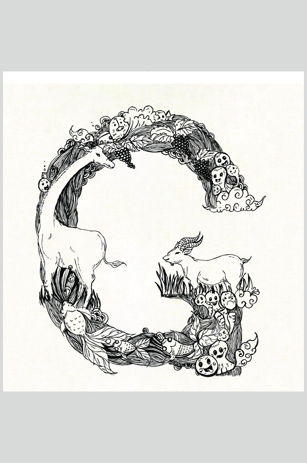 羚羊黄黑字母线稿手绘素描矢量素材素材