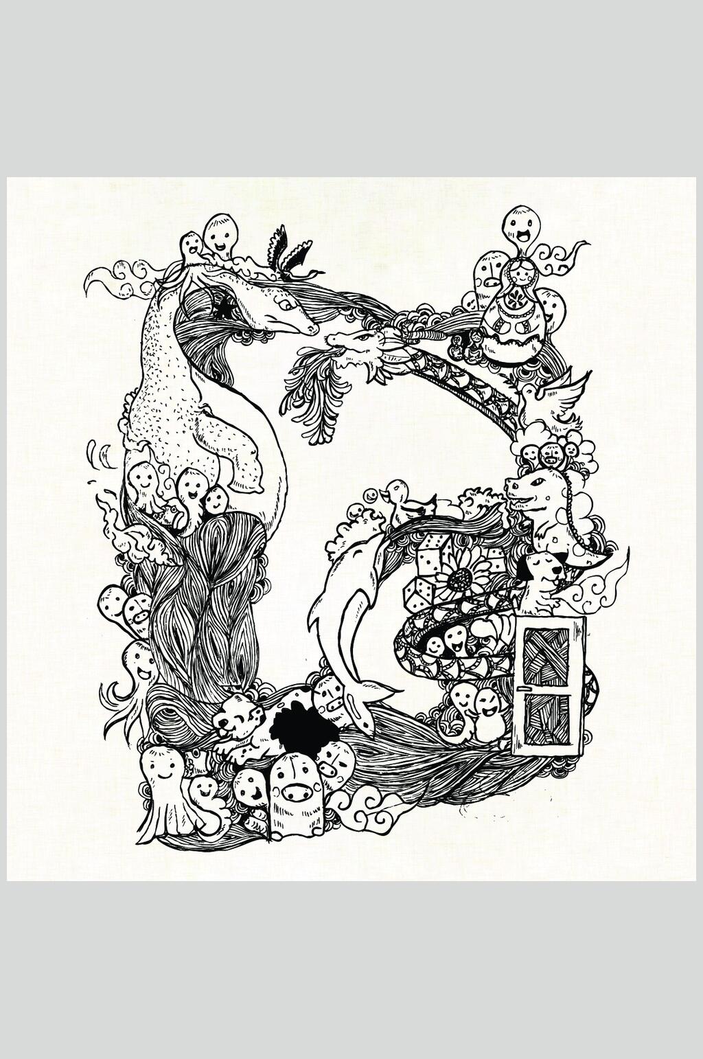 恐龙鸟字母线稿手绘素描矢量素材素材