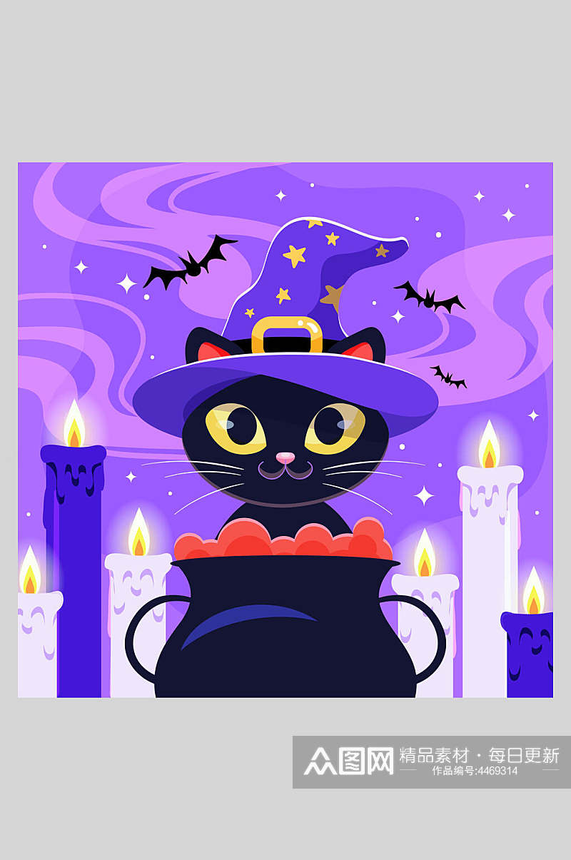 黑色蜡烛矢量猫咪万圣节插画素材