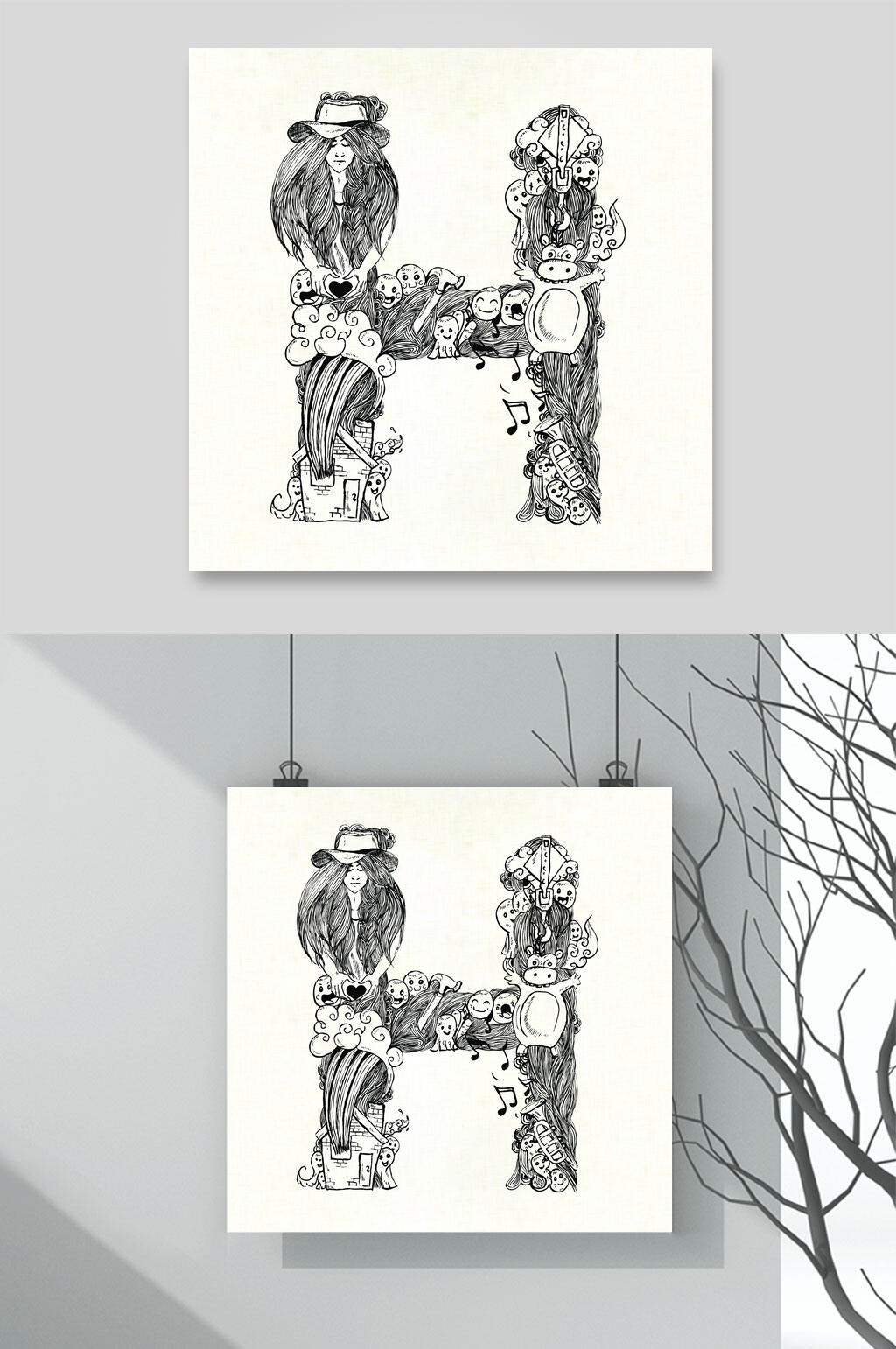 简约黑黄字母线稿手绘素描矢量素材素材