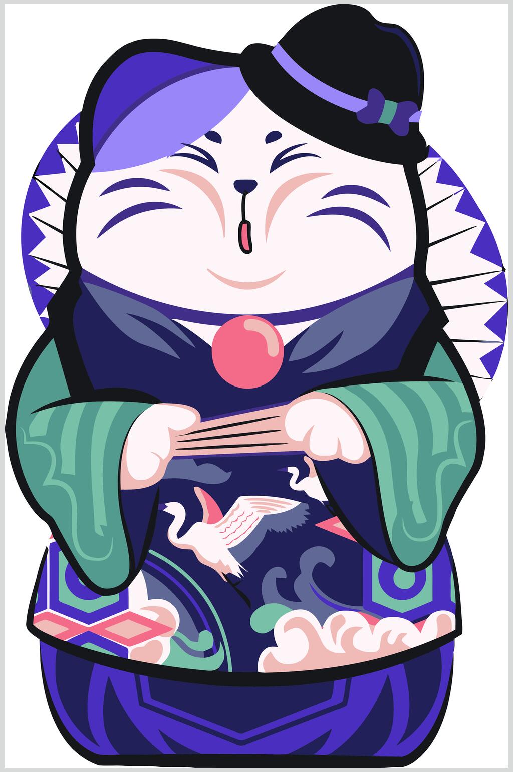 帽子蓝绿简约招财猫插画矢量素材素材