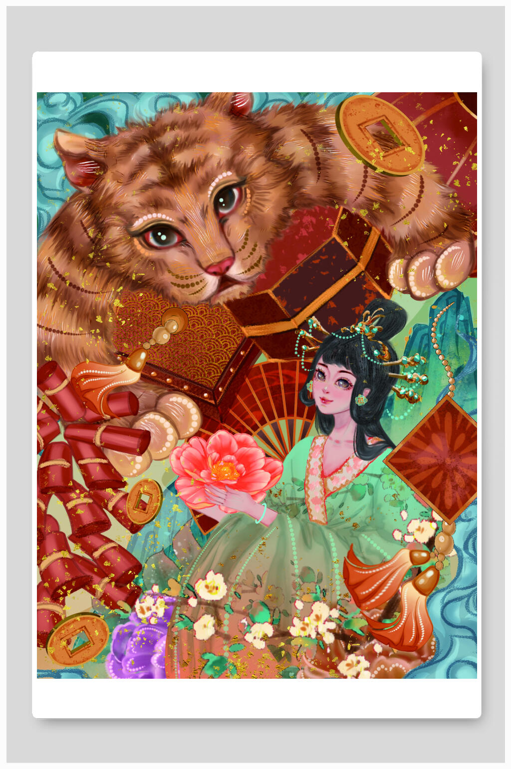 卡通简约时尚虎年竖版插画素材