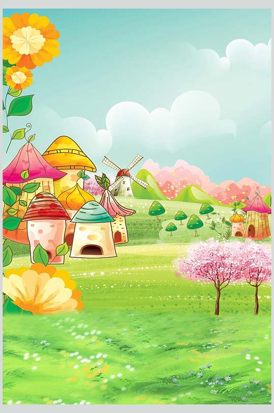 卡通田园蘑菇屋背景图片