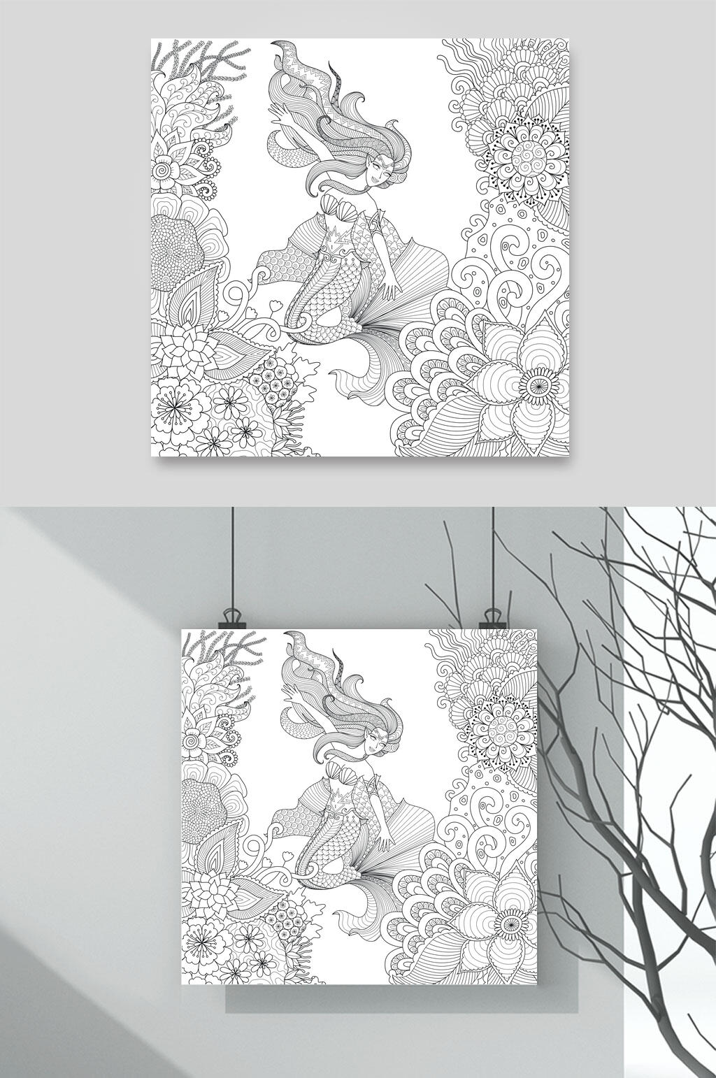 花朵黑色魔法森林动物线稿矢量素材素材
