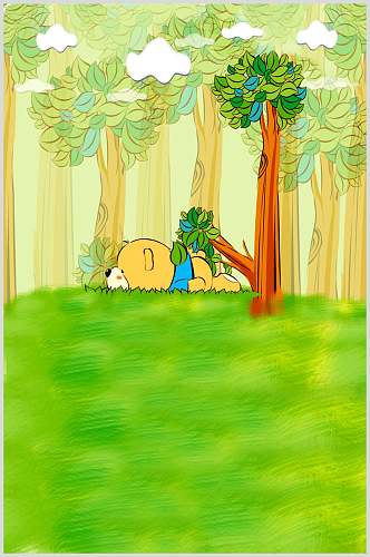 手绘树木熊儿童卡通背景图片
