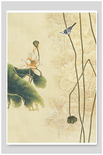 花朵小鸟黄色荷叶中国风工笔画背景