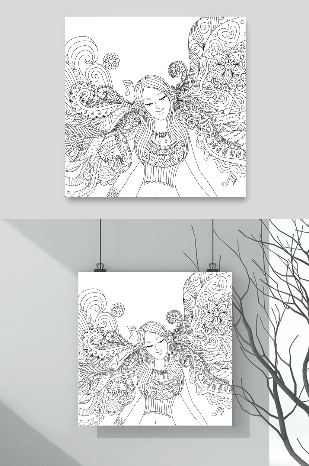 少女黑色魔法森林动物线稿矢量素材素材