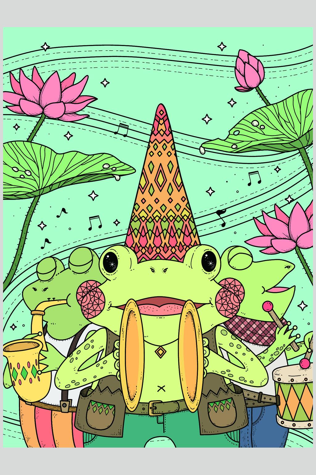 青蛙绿色可爱荷花温馨插画矢量素材素材
