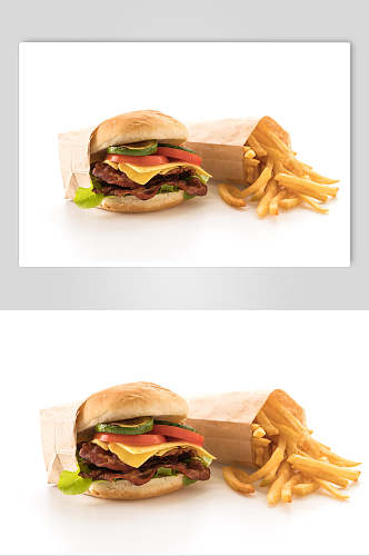 秘制牛排美味汉堡白底摄影图