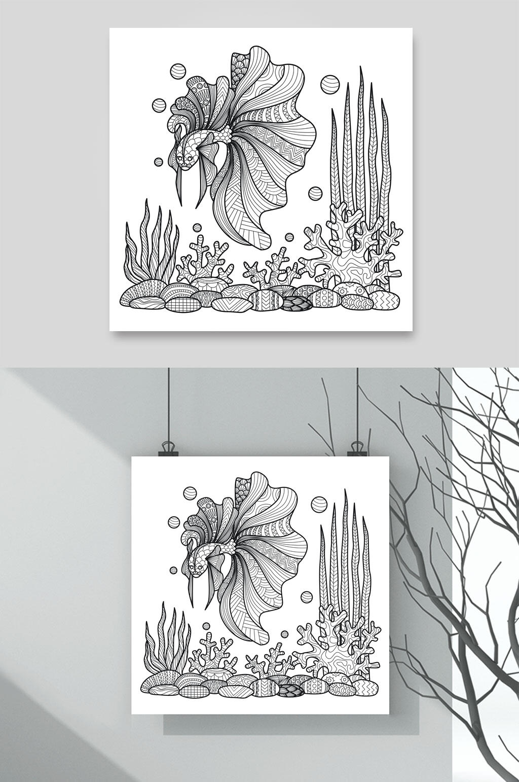 鲸鱼黑色魔法森林动物线稿矢量素材素材