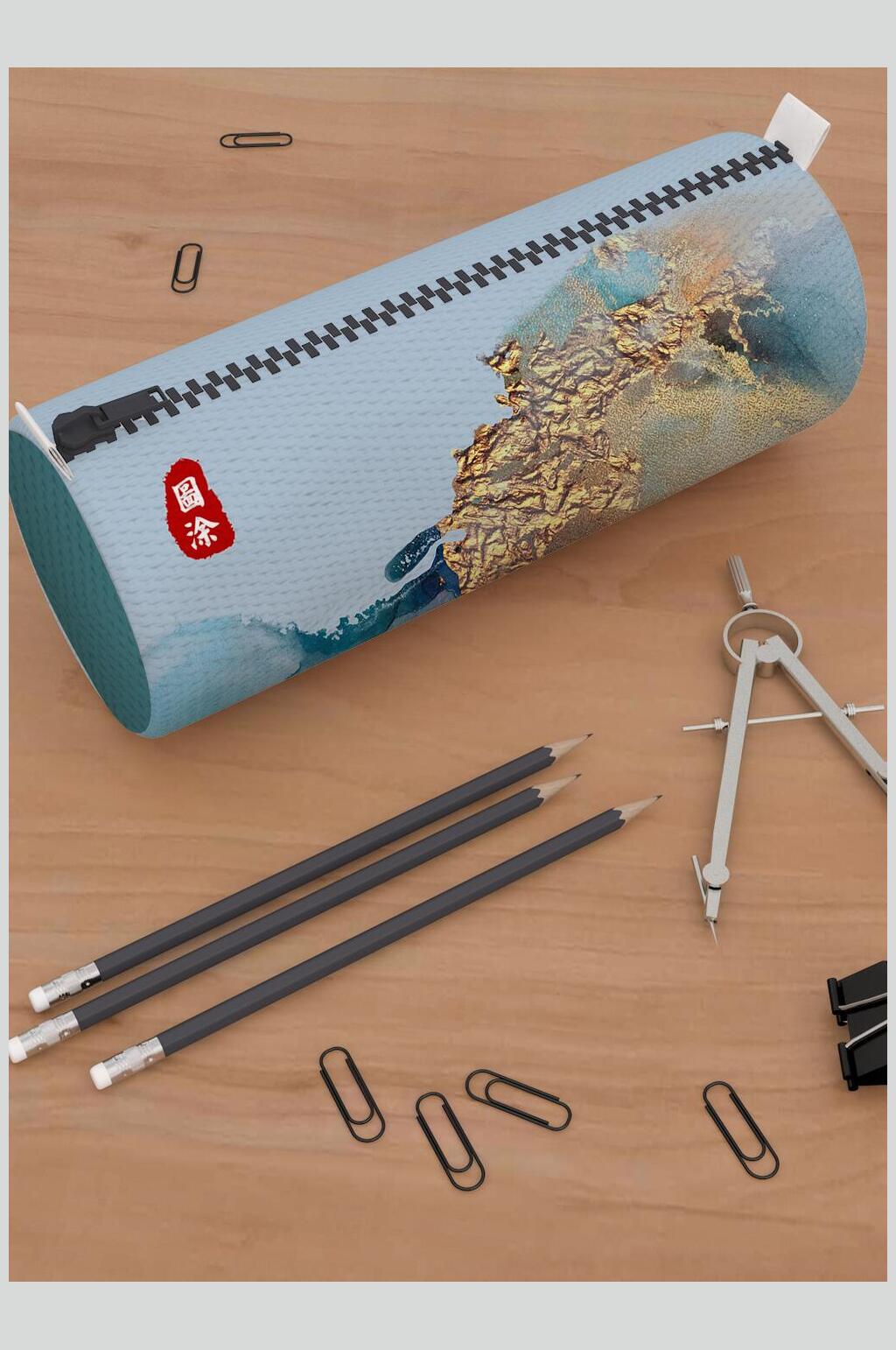 蓝色文具笔袋样机素材