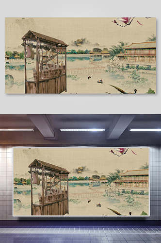 木头房屋建筑中国风工笔画背景
