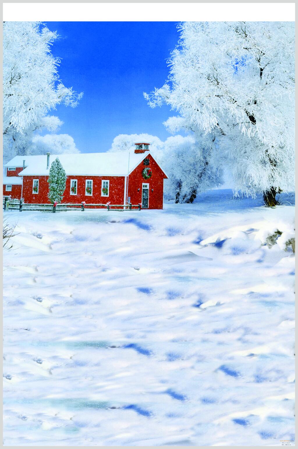 红色房子雪景拍摄背景图片素材