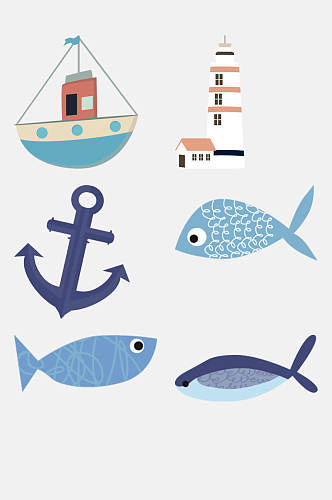 小船蓝色动物植物海洋字母免抠素材