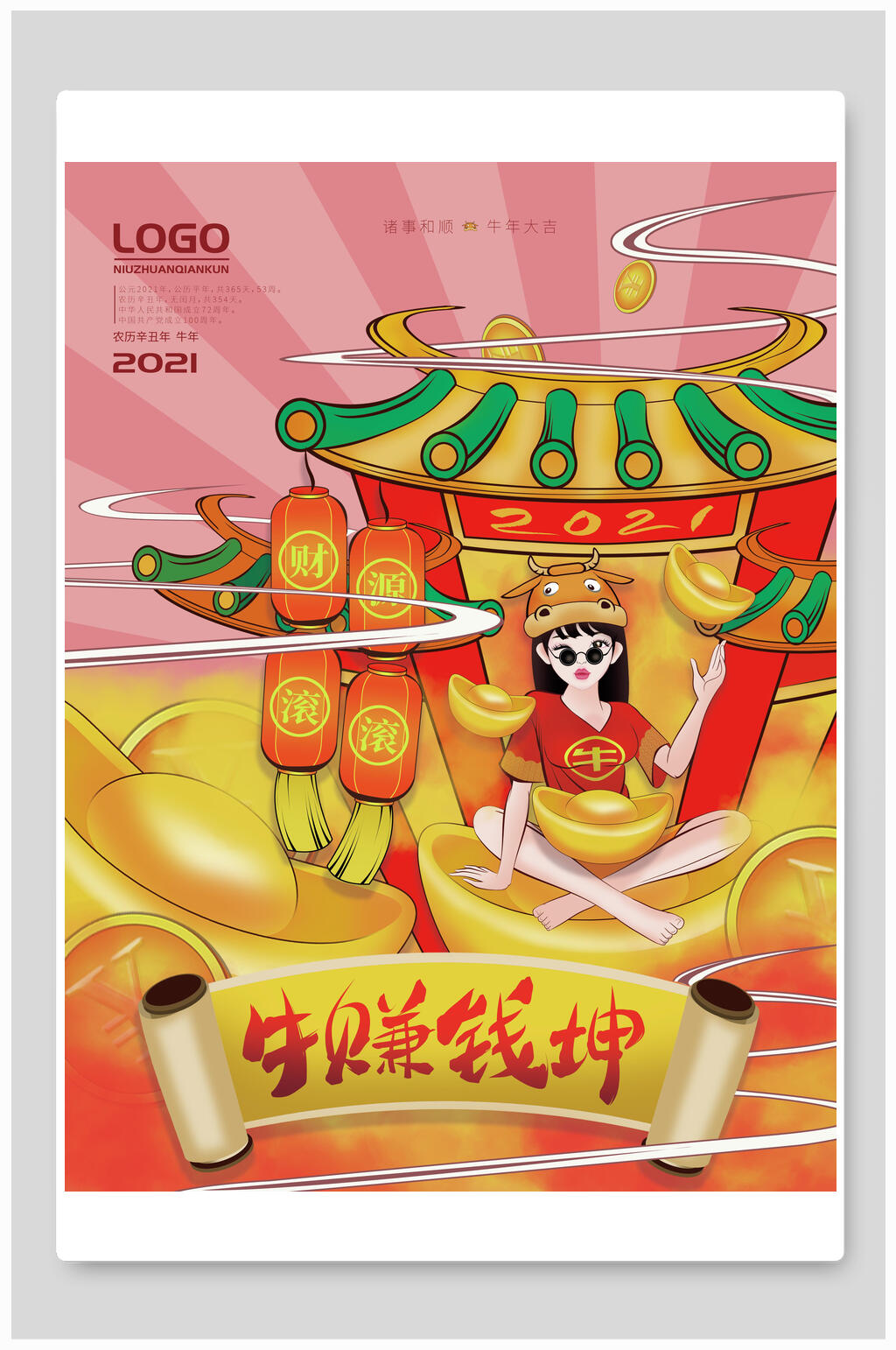 牛转钱坤牛年海报素材