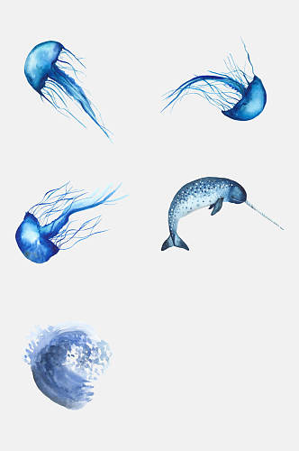 蓝色海洋水彩动物免抠素材