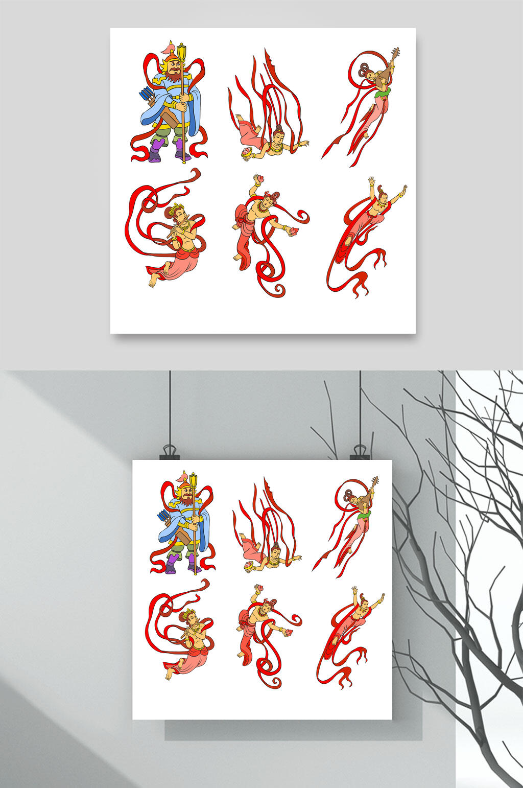 素雅红色敦煌飞天仕女插画矢量素材素材