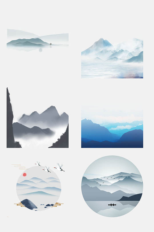 圆形清新水彩山水图案免抠素材