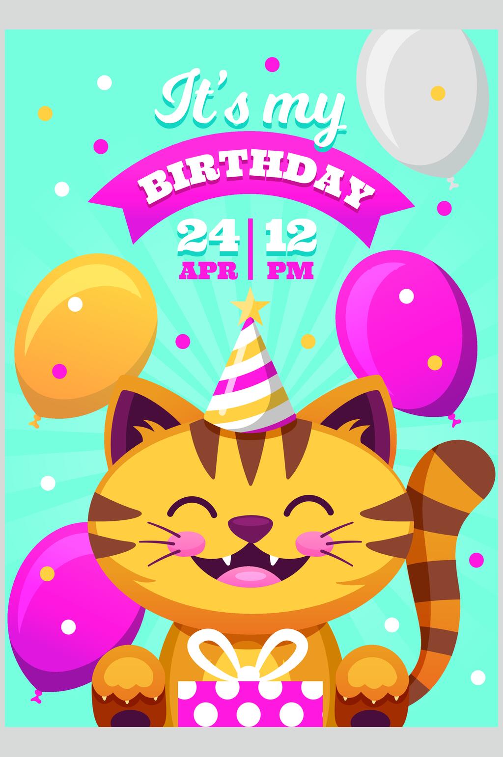 气球猫咪英文卡通生日快乐矢量素材素材