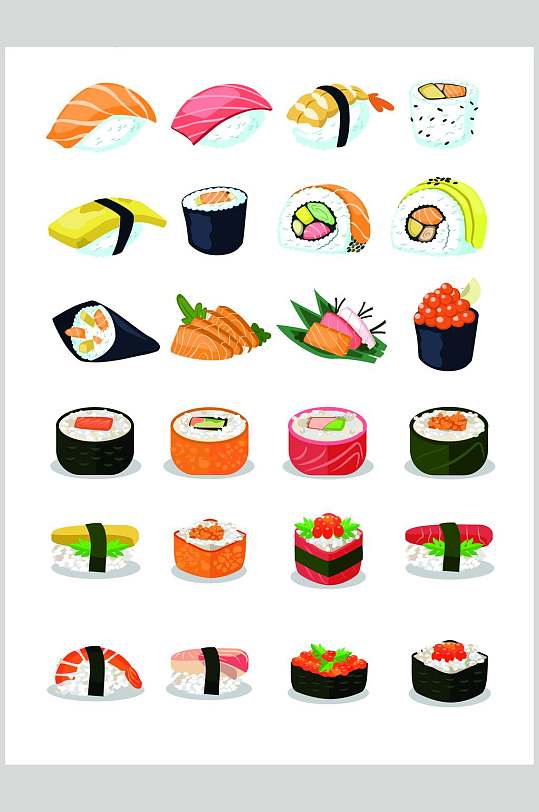 美食简约手绘彩色日本寿司矢量素材