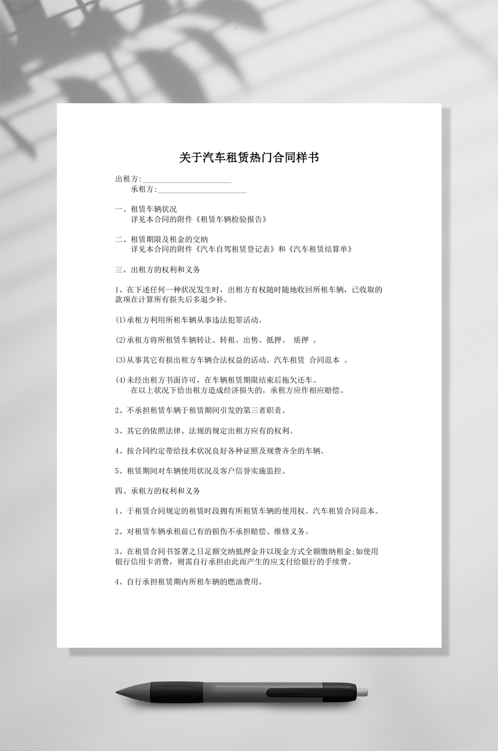 关于汽车租赁合同样书模板素材