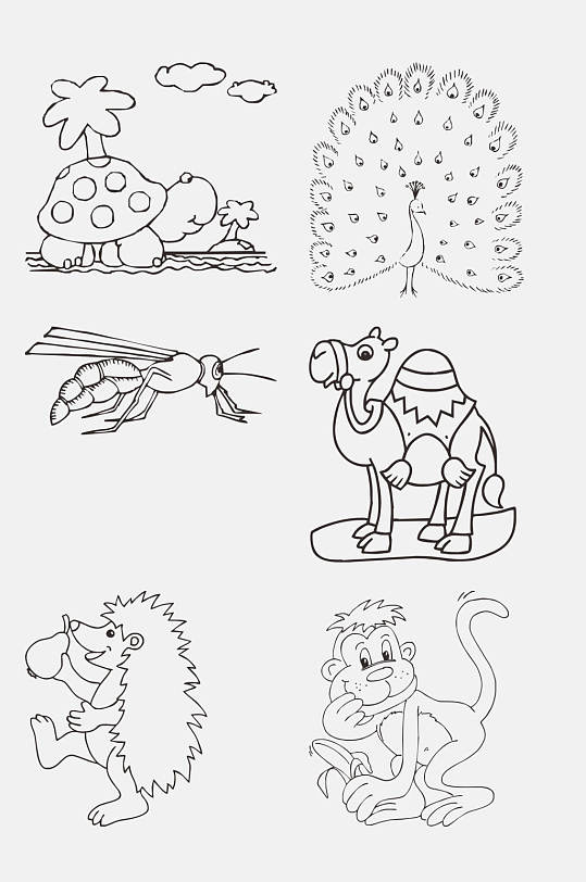 黑白动物刺猬开屏孔雀简笔画免抠素材