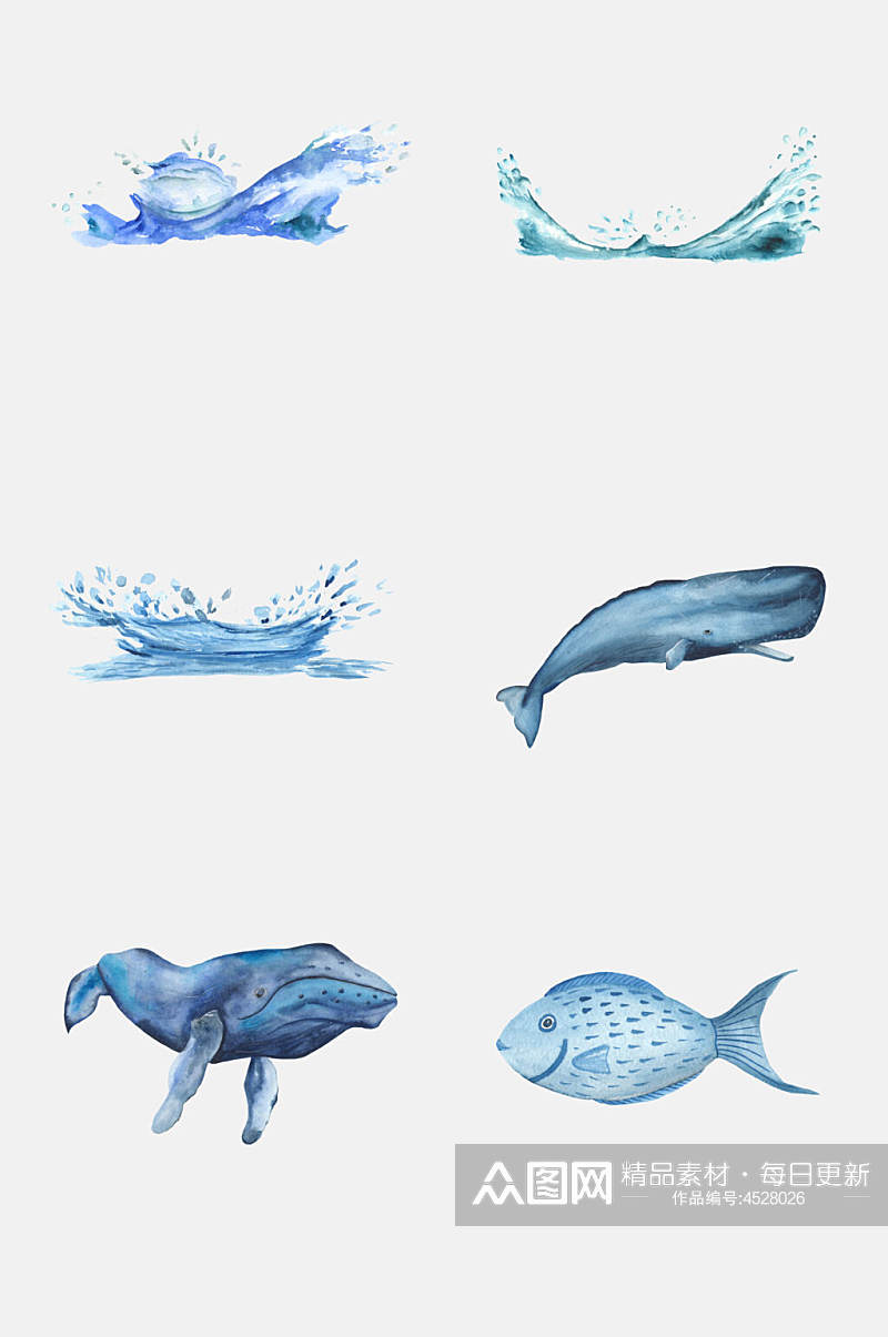 鲸鱼海洋水彩动物免抠素材素材