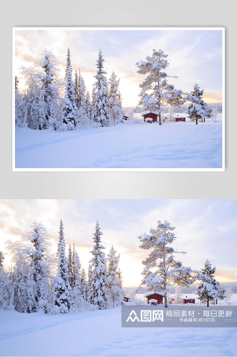 树林房屋冬季雪景自然风光图片素材