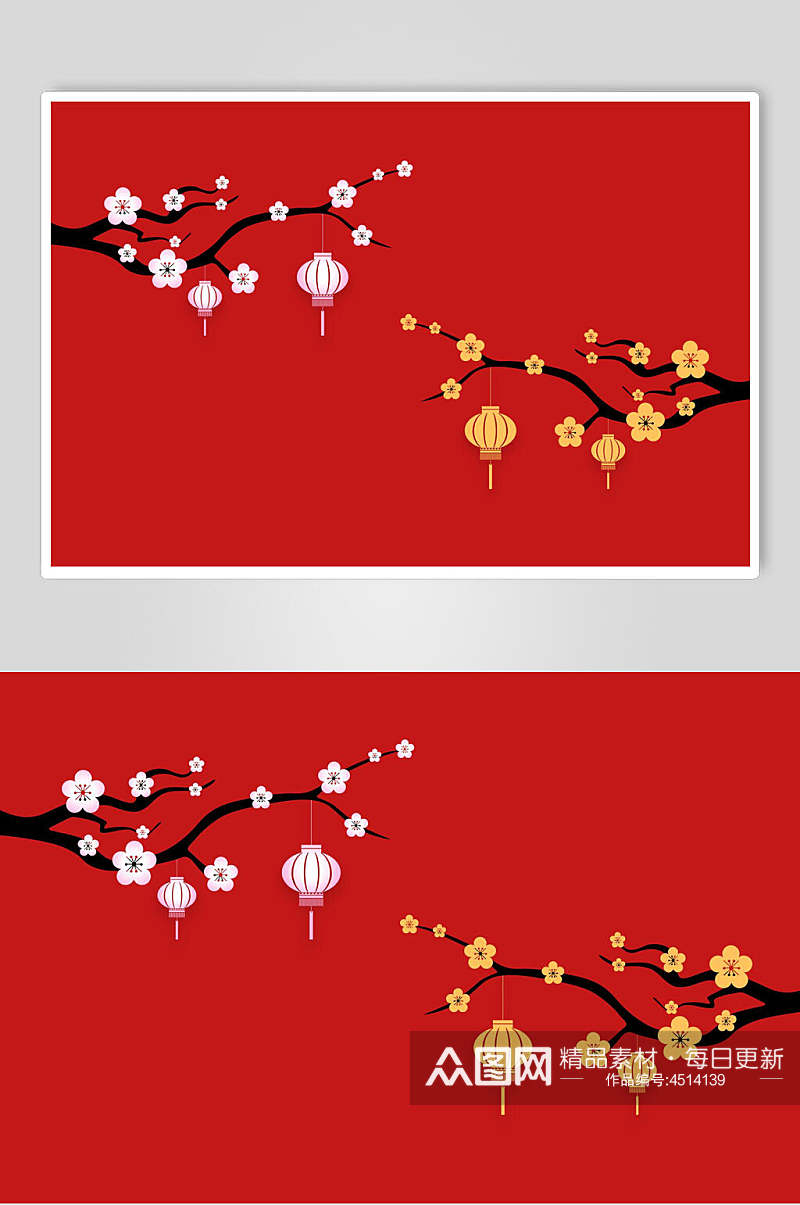 灯笼花朵简约红色唯美中式松树素材素材