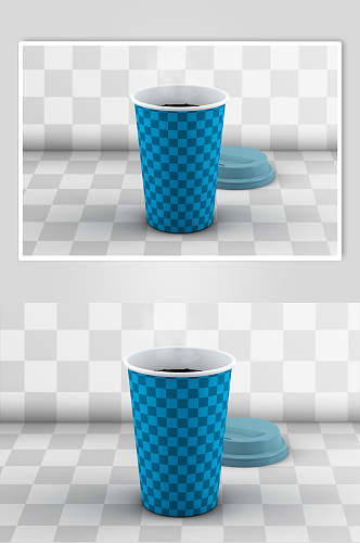 方格线条圆柱形蓝色咖啡杯样机