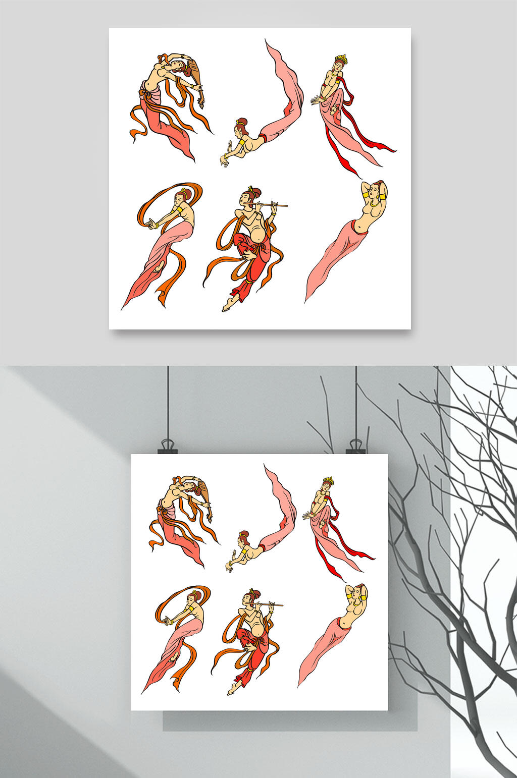 唯美丝带敦煌飞天仕女插画矢量素材素材