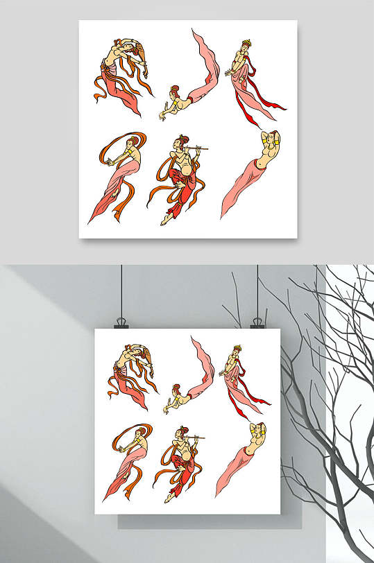 唯美丝带敦煌飞天仕女插画矢量素材