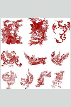 唯美仙鹤红色传统龙凤剪纸矢量素材
