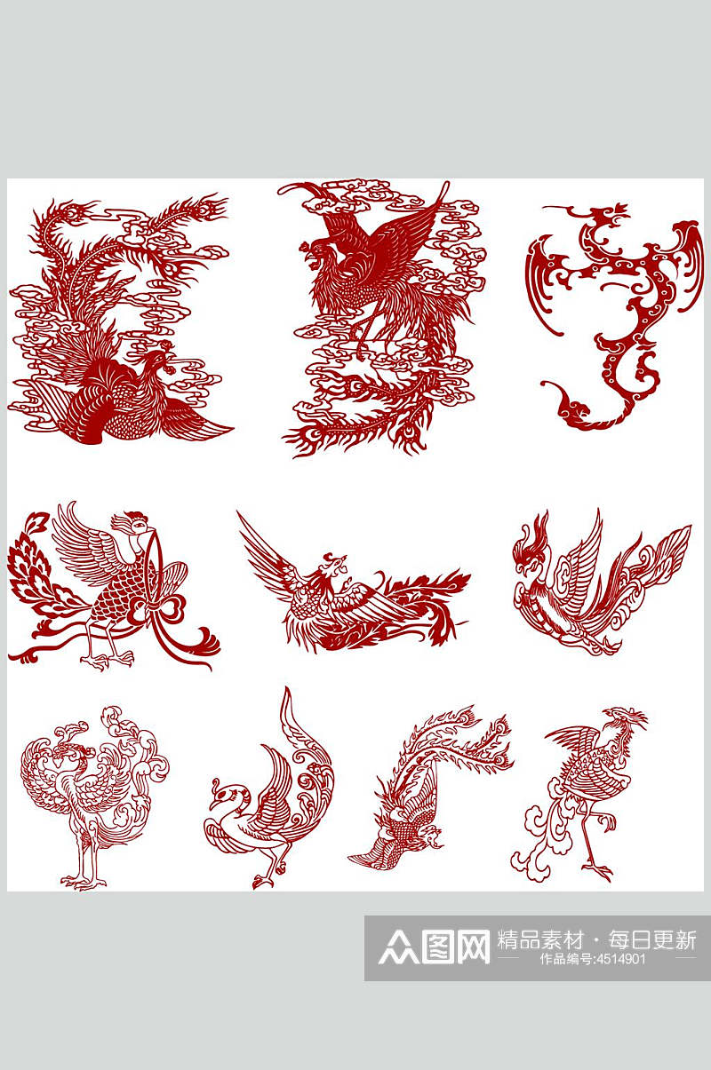 唯美仙鹤红色传统龙凤剪纸矢量素材素材