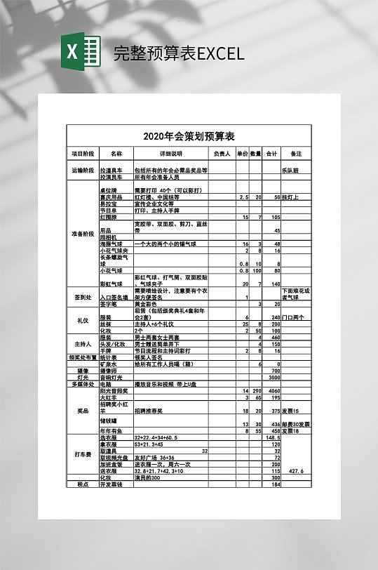 年会策划预算完整预算表EXCEL