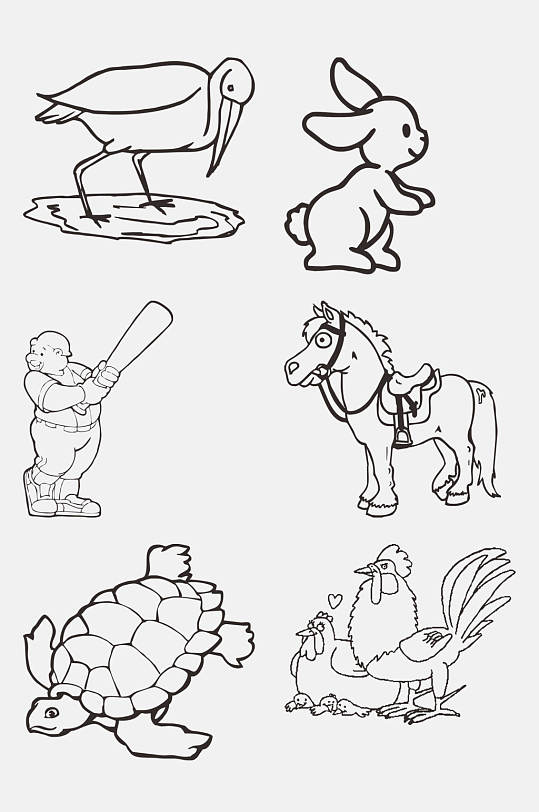 黑白动物小兔公鸡简笔画免抠素材