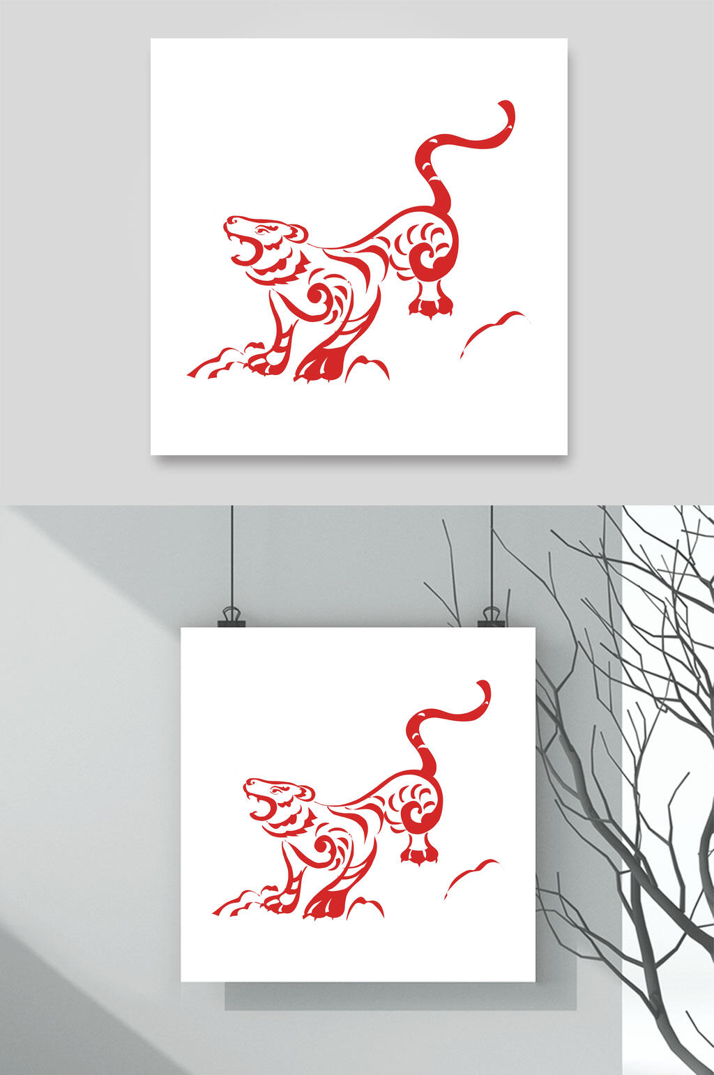 红色剪纸风虎年素材素材