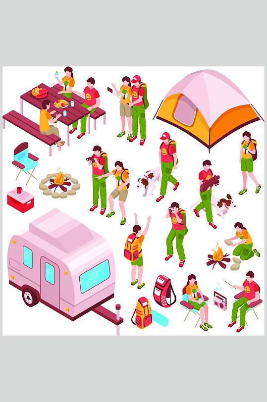 帐篷汽车粉色拍照户外露营矢量素材