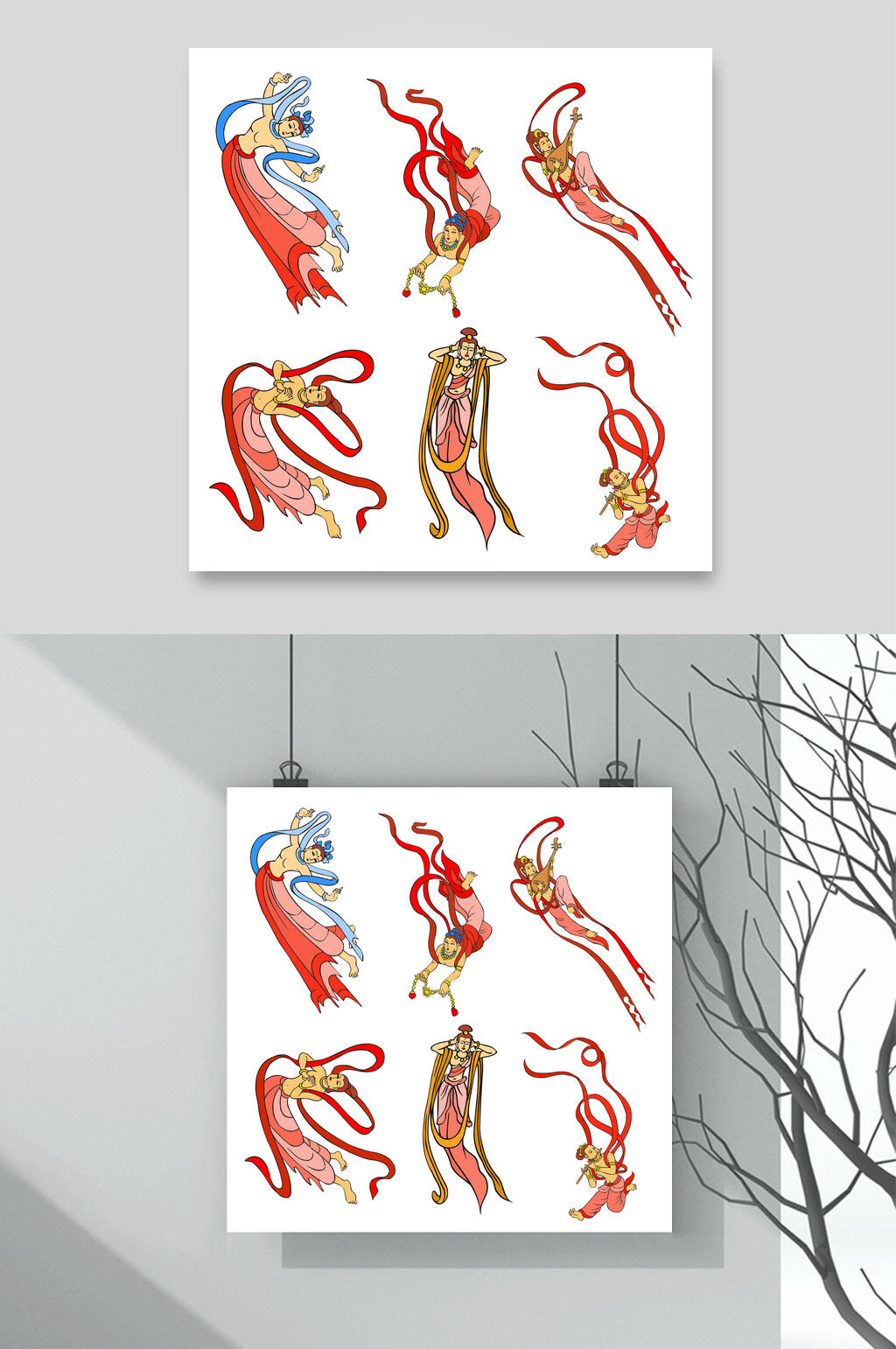 唯美红色敦煌飞天仕女插画矢量素材素材