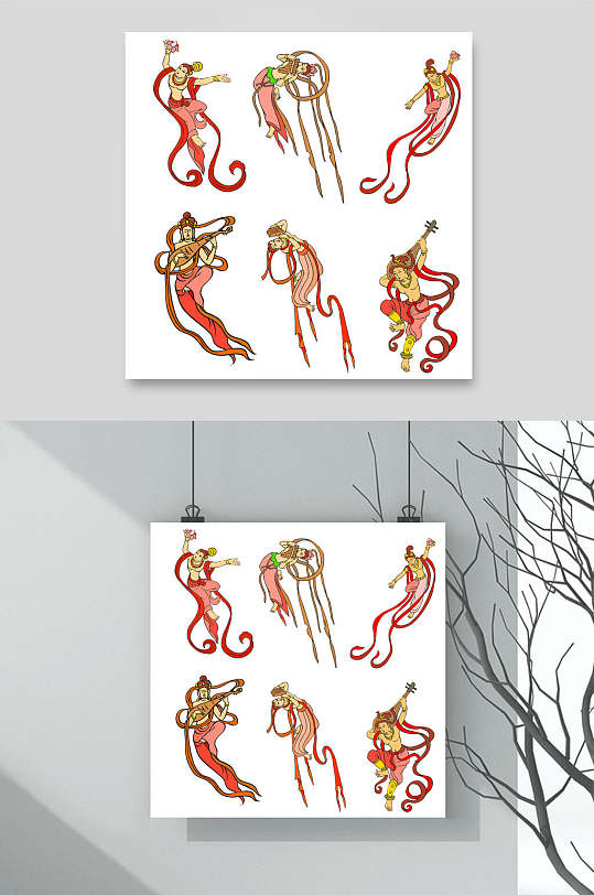 丝带唯美敦煌飞天仕女插画矢量素材