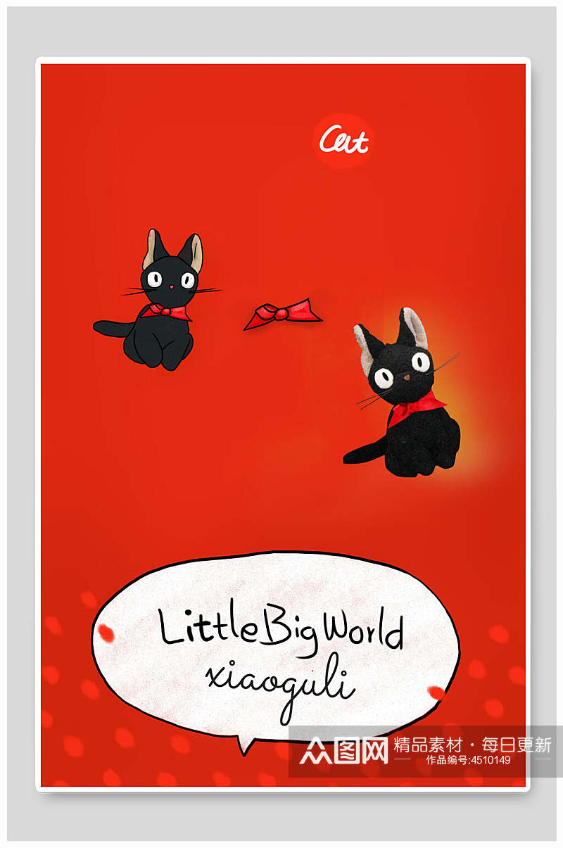猫咪黑红简约手绘清新婴儿玩偶背景素材