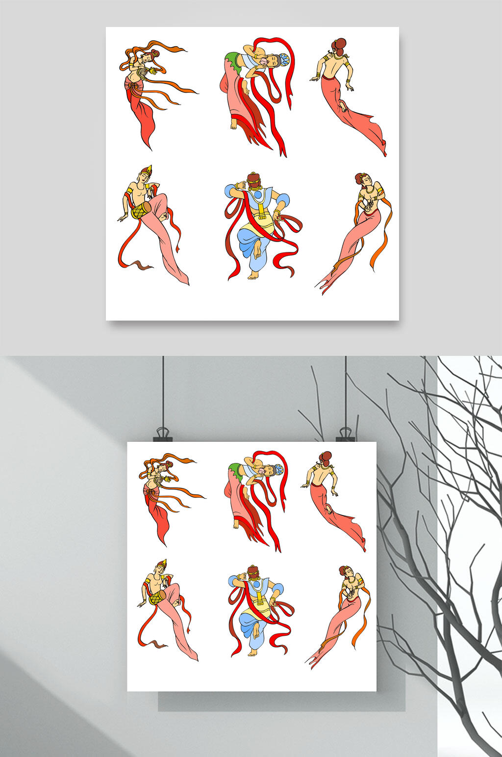 丝带红色敦煌飞天仕女插画矢量素材素材