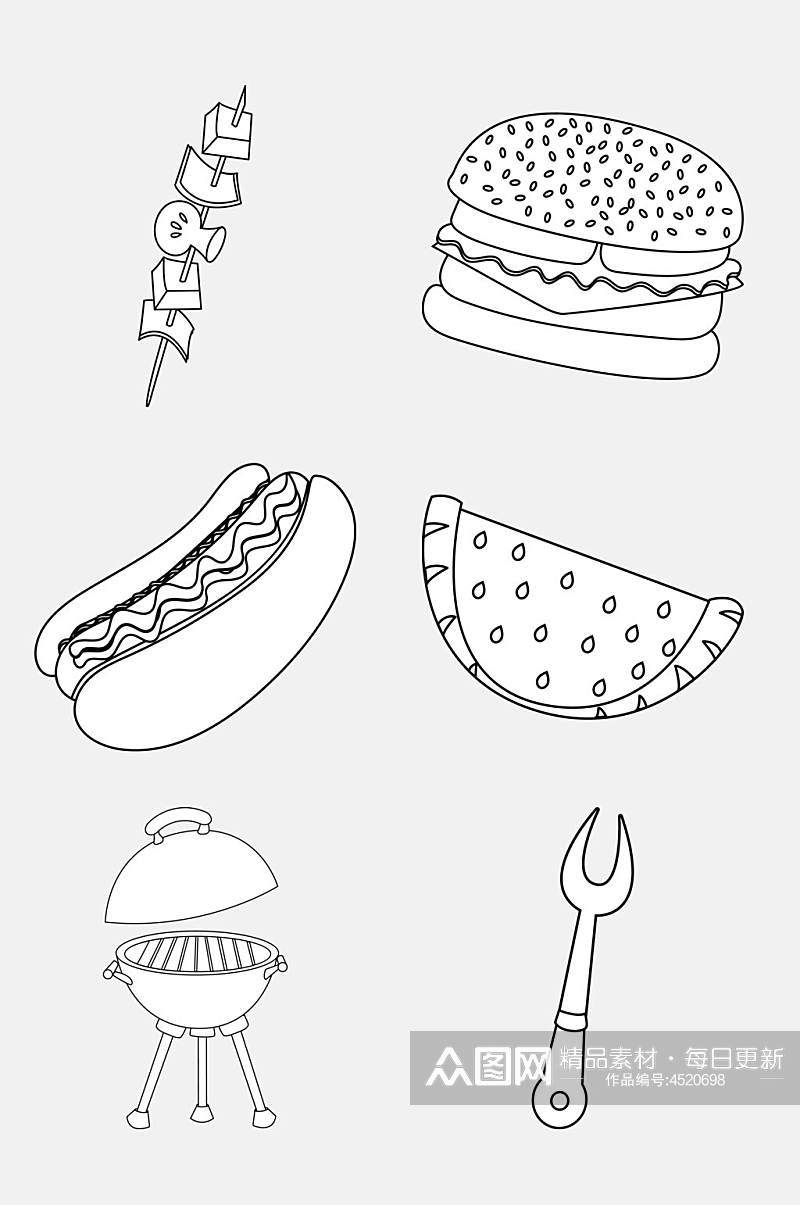 叉子黑色汉堡卡通简笔画免抠素材素材