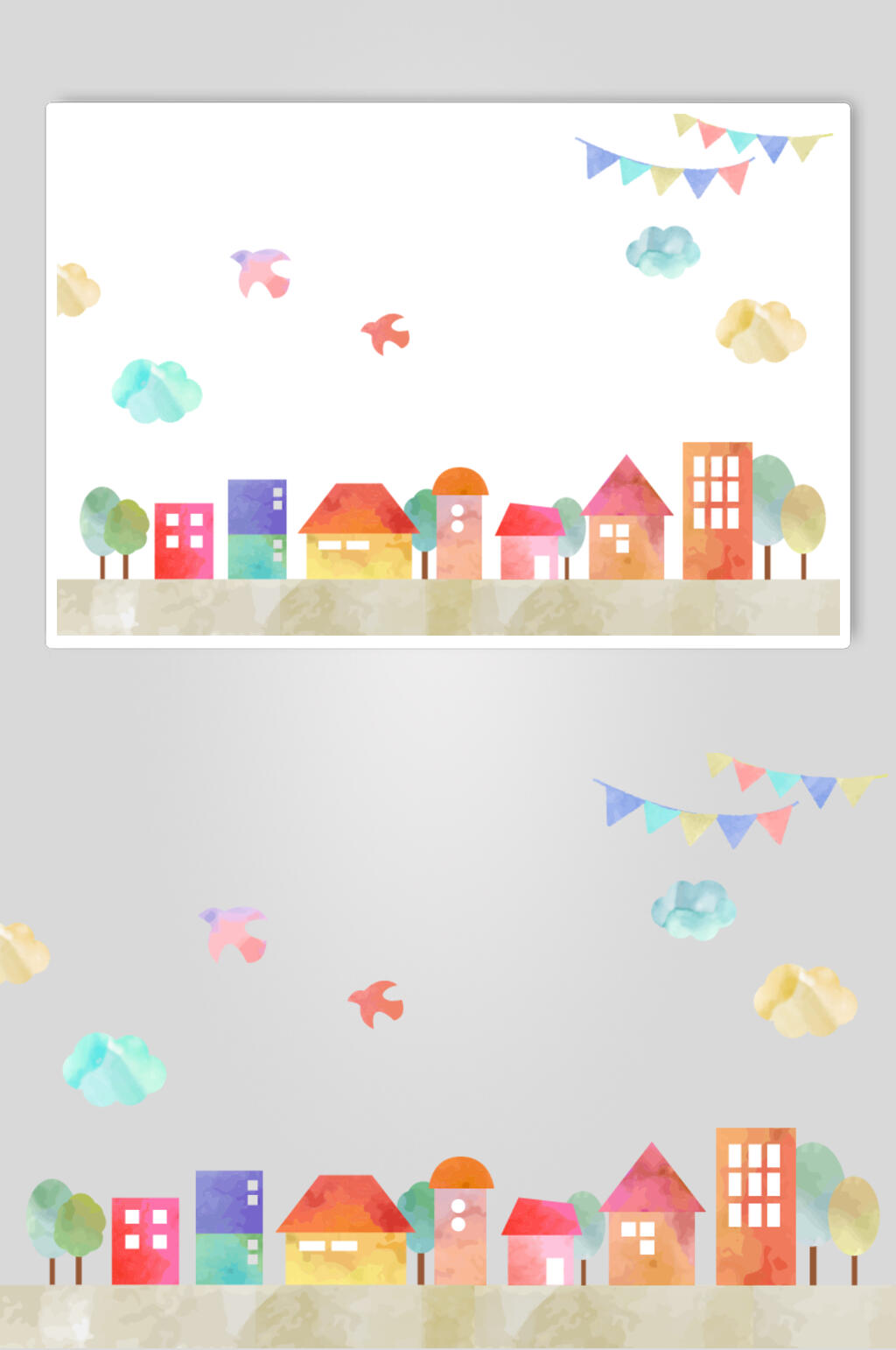 树木小鸟房子简约儿童背景插画素材素材