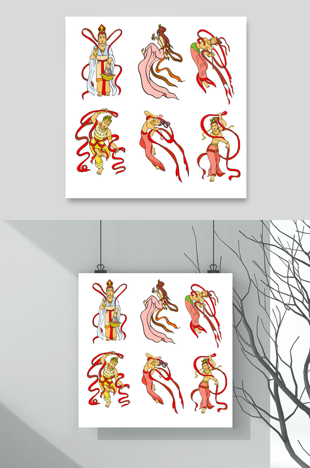 丝带唯美敦煌飞天仕女插画矢量素材素材